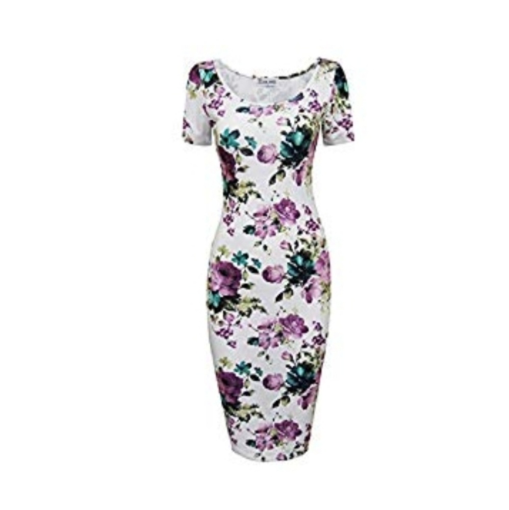 White dress purple flowers